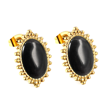 Load image into Gallery viewer, Tresoli Stainless Steel Gold Color PVD Loose Bead Edge Oval With Black Cat's Eye Stones Earrings