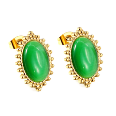 Tresoli Stainless Steel Gold Color PVD Loose Bead Edge Oval With Green Cat's Eye Stones Earrings