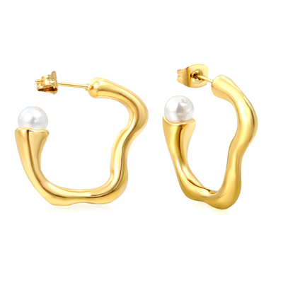 Tresoli Stainless Steel Gold Color PVD Wave C Shape White Glue Bead Earrings
