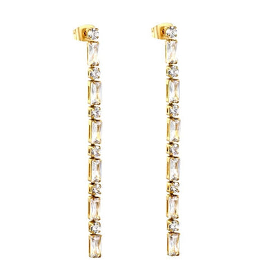 Stainless Steel Gold Color PVD Rectangle And Round White Diamonds Hanging Earrings