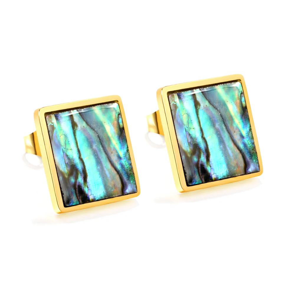 Tresoli Stainless Steel Gold Color PVD Square With Oil Drip Abalone Shell Earrings