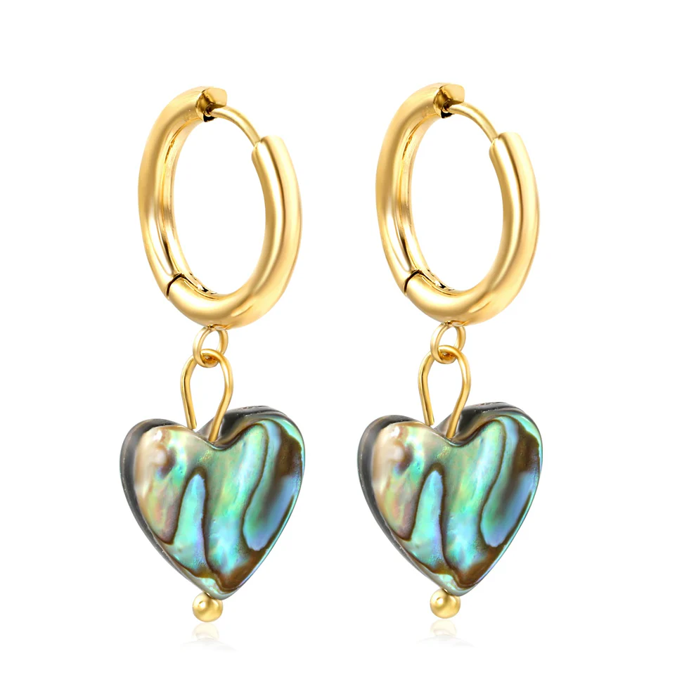 Tresoli Stainless Steel Gold Color PVD Circle With Heart Shaped Abalone Shell Earrings