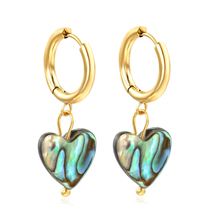 Load image into Gallery viewer, Tresoli Stainless Steel Gold Color PVD Circle With Heart Shaped Abalone Shell Earrings