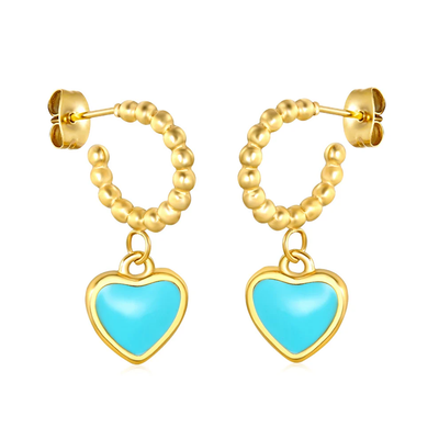 Tresoli Stainless Steel Gold Color PVD Blue Oil Drop Peach Heart Semi Circular Earrings