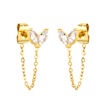 Load image into Gallery viewer, Tresoli Stainless Steel Gold Color PVD Small Grass Buds With White Zirconia Cross Chain Earrings