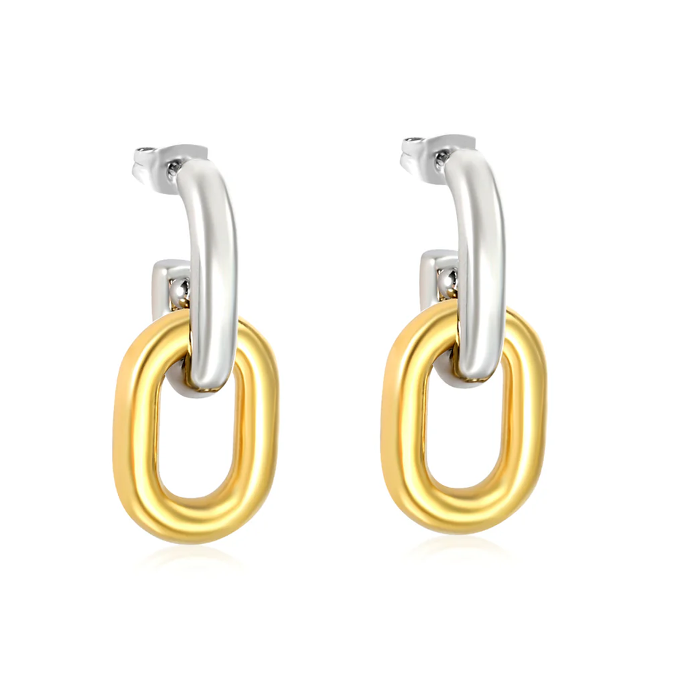 Stainless Steel And Gold Color PVD Double Ring Chain Earring