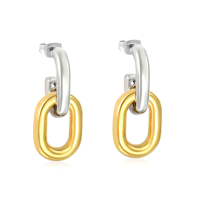 Tresoli Stainless Steel And Gold Color PVD Double Ring Chain Earring
