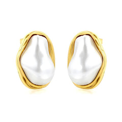 Stainless Steel Gold Color PVD Twisted Frame Baroque Irregular Pearl Stud Earrings