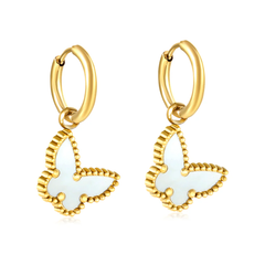 Tresoli Stainless Steel Gold Color PVD Inner Ear Hook White Shell Butterfly Earrings