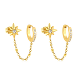Tresoli Stainless Steel Gold Color PVD Eight Pointed Star And Ear Hook Circle With Diamond Earrings