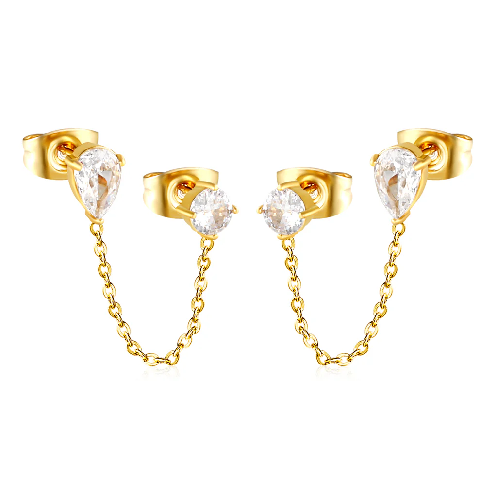 Tresoli Stainless Steel Gold Color PVD Round Diamond And Double Prong Teardrop White Zirconia Earrings