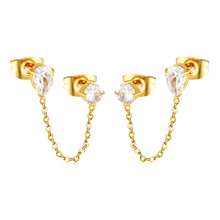 Load image into Gallery viewer, Tresoli Stainless Steel Gold Color PVD Round Diamond And Double Prong Teardrop White Zirconia Earrings