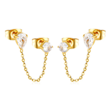 Tresoli Stainless Steel Gold Color PVD Round Diamond And Double Prong Teardrop White Zirconia Earrings