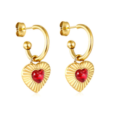 Tresoli Stainless Steel Gold Color PVD Heart Shaped Red Agate Stone Earrings