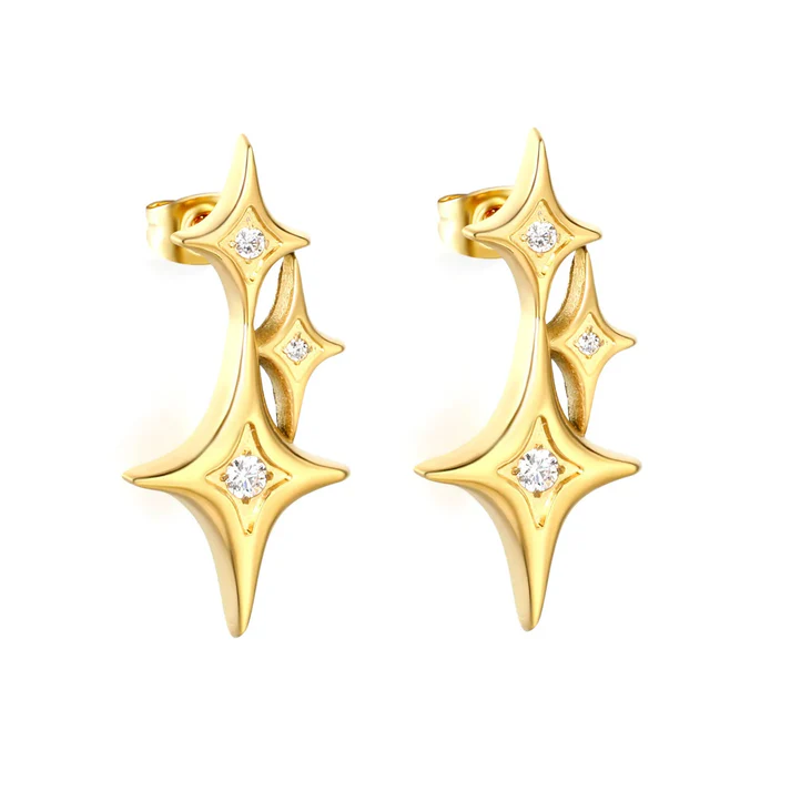 Tresoli Stainless Steel Gold Color PVD Diamond Four Pointed Star Earrings