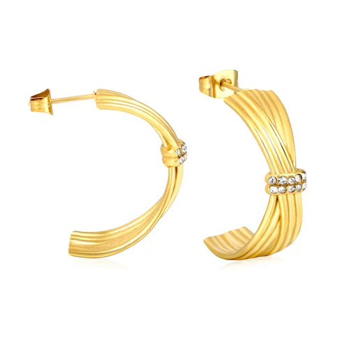 Tresoli Stainless Steel Gold Color PVD Woven Curved Earrings With Sparkling Rhinestones