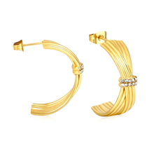 Load image into Gallery viewer, Tresoli Stainless Steel Gold Color PVD Woven Curved Earrings With Sparkling Rhinestones