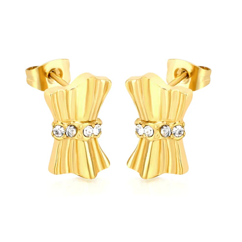 Tresoli Stainless Steel Gold Color PVD Bow Stud Earrings With Sparkling Rhinestones