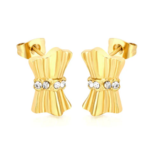 Load image into Gallery viewer, Tresoli Stainless Steel Gold Color PVD Bow Stud Earrings With Sparkling Rhinestones