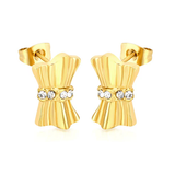 Tresoli Stainless Steel Gold Color PVD Bow Stud Earrings With Sparkling Rhinestones