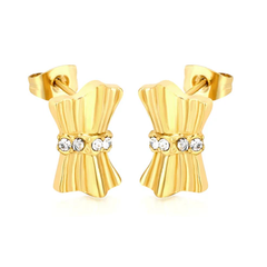Tresoli Stainless Steel Gold Color PVD Bow Stud Earrings With Sparkling Rhinestones