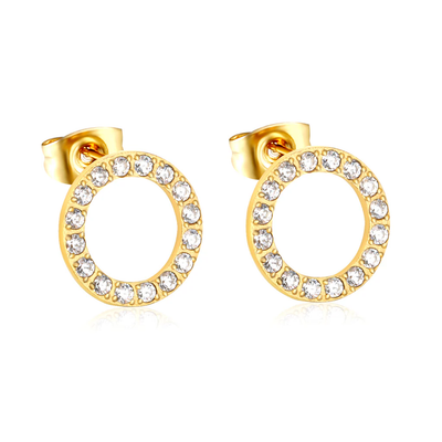 Tresoli Stainless Steel Gold Color PVD Diamond Studded Openwork Hoop Stud Earrings
