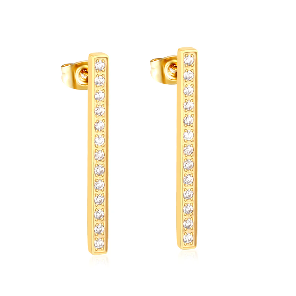 Tresoli Stainless Steel Gold Color PVD Straight Bar Diamond Stud Earrings
