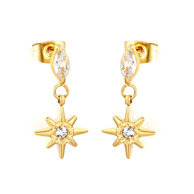 Tresoli  Stainless Steel Gold Color PVD Marquise Eight Pointed Star Stud Earrings