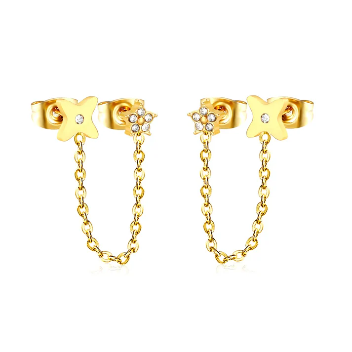 Tresoli Stainless Steel Gold Color PVD CZ Flower And Star Stud Paired With Cross Chain Connector Earrings