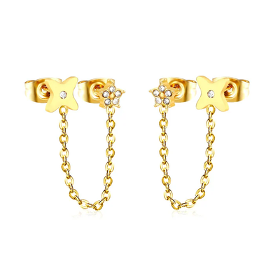 Tresoli Stainless Steel Gold Color PVD CZ Flower And Star Stud Paired With Cross Chain Connector Earrings