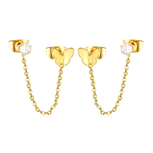 Tresoli Stainless Steel Gold Color PVD Butterfly And Prong White Zirconia Cross Chain Earrings