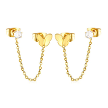 Load image into Gallery viewer, Tresoli Stainless Steel Gold Color PVD Butterfly And Prong White Zirconia Cross Chain Earrings
