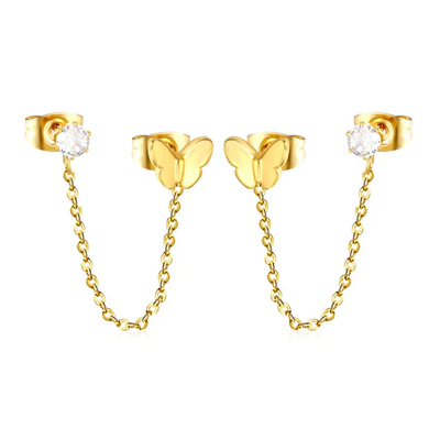 Tresoli Stainless Steel Gold Color PVD Butterfly And Prong White Zirconia Cross Chain Earrings