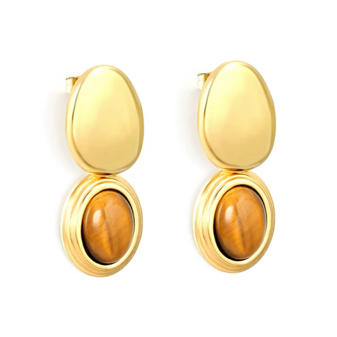 Tresoli Stainless Steel Gold Color PVD Tiger Eye Stone Smooth Oval Earrings