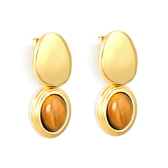 Tresoli Stainless Steel Gold Color PVD Tiger Eye Stone Smooth Oval Earrings