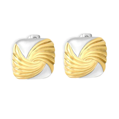 Tresoli Stainless Steel And Gold Color PVD Square Spiral Pattern Stud  Earrings
