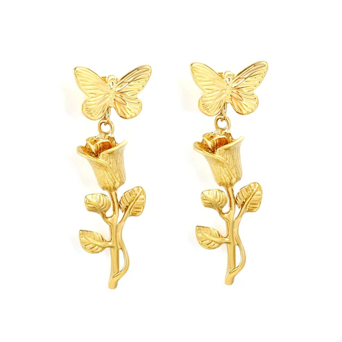 Tresoli Stainless Steel Gold Color PVD Butterfly And Rose Tassel Earrings