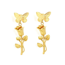 Load image into Gallery viewer, Tresoli Stainless Steel Gold Color PVD Butterfly And Rose Tassel Earrings