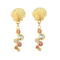 Tresoli Stainless Steel Gold Color PVD Shell Mixed Color Diamonds Tassel Earrings