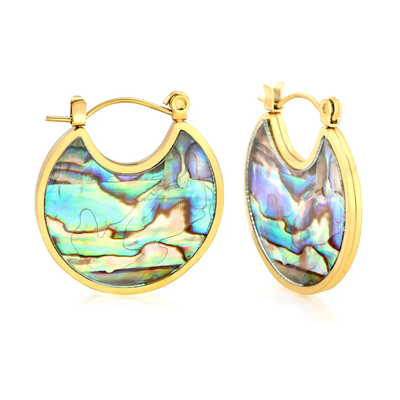 Tresoli Stainless Steel Gold Color PVD Elegant Round Abalone Shell Drop Earrings