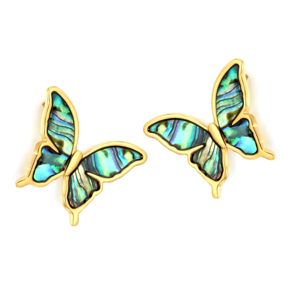 Tresoli Stainless Steel Gold Color PVD Abalone Shell Butterfly Stud Earrings