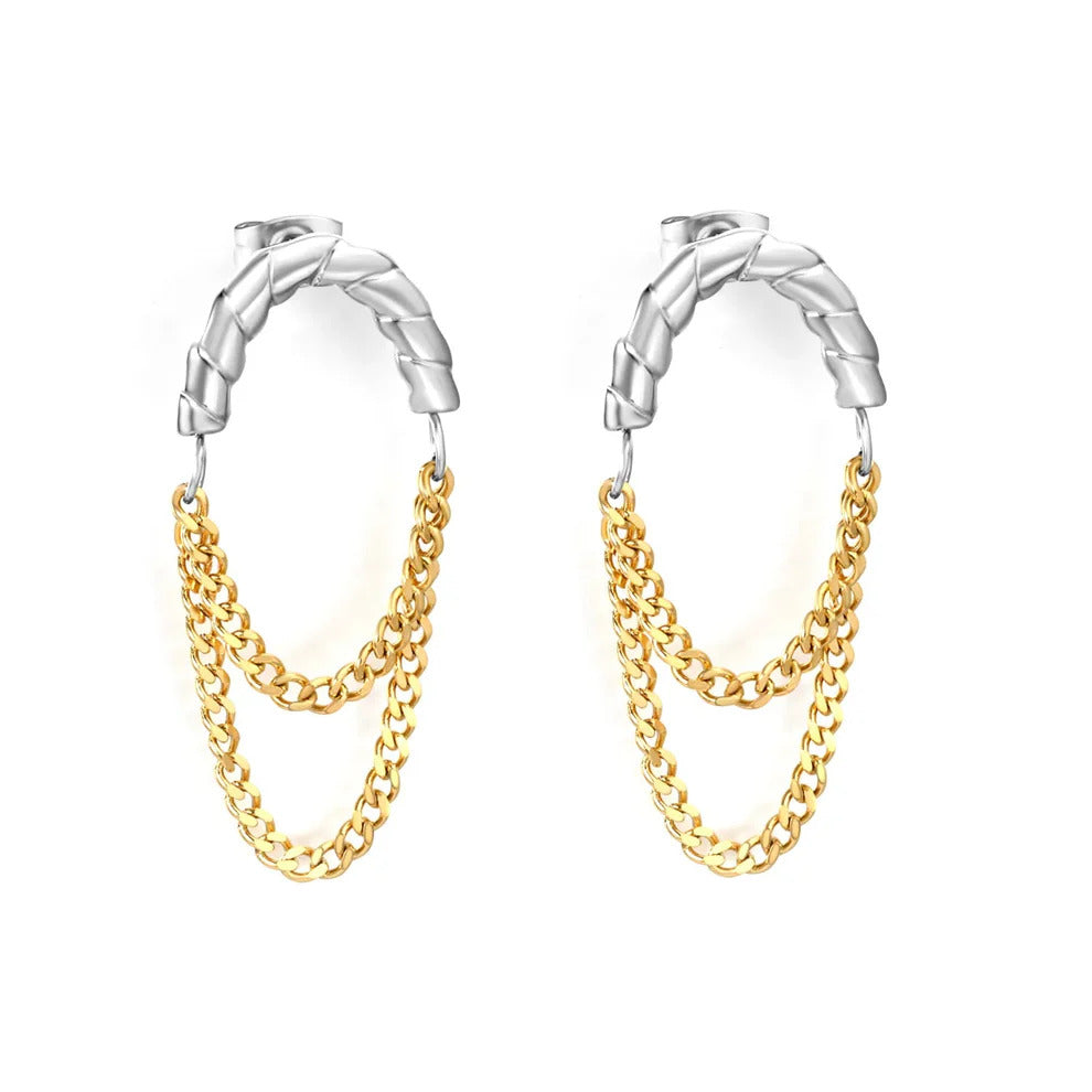 Stainless Steel Mix Color PVD C Shape Stud Earrings With Double Sided Polished Tassel Chain