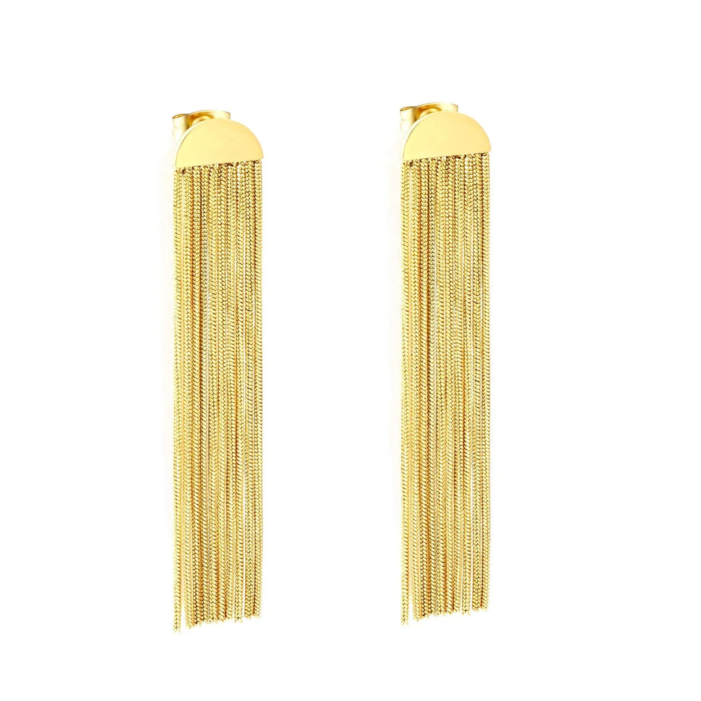 Tresoli Stainless Steel Gold Color PVD Smooth Semi Circle Stud Earrings With Round Snake Chain Tassel