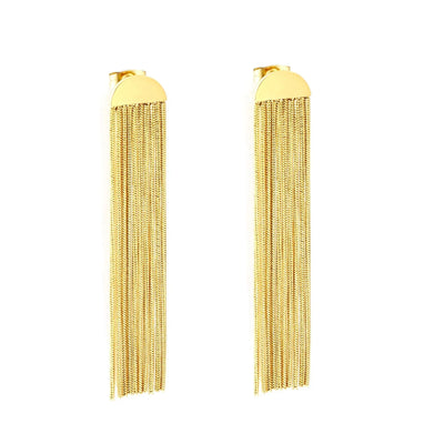 Tresoli Stainless Steel Gold Color PVD Smooth Semi Circle Stud Earrings With Round Snake Chain Tassel
