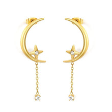 Load image into Gallery viewer, Stainless Steel Gold Color PVD Moon Shape Dangle Inlaid White Cubic Zirconia Eight Pointed Star Tiny Rhinestone Cross Chain Stud Earrings