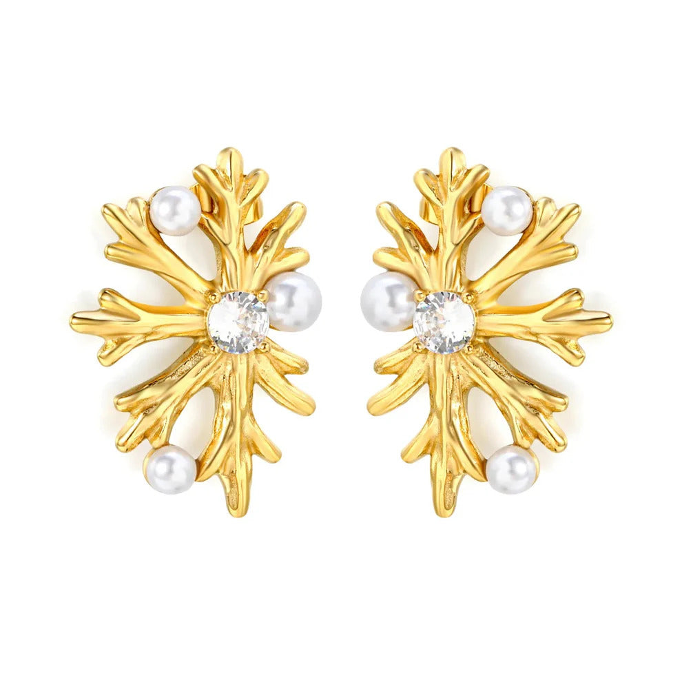 Stainless Steel Gold Color PVD Snowflake Imitation Pearl Round Rhinestone Stud Earrings