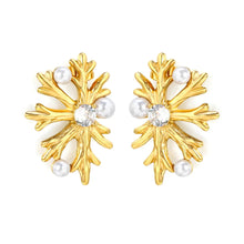 Load image into Gallery viewer, Tresoli Stainless Steel Gold Color PVD Snowflake Imitation Pearl Round Rhinestone Stud Earrings