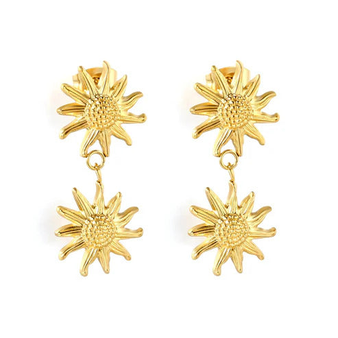Stainless Steel Gold Color PVD Two Pieces Sunflower Design Tassel Dangle Stud Earrings