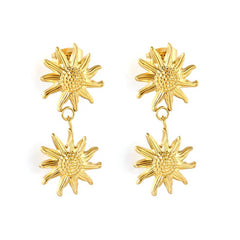 Stainless Steel Gold Color PVD Two Pieces Sunflower Design Tassel Dangle Stud Earrings