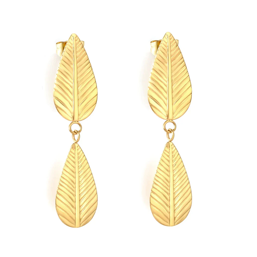 Tresoli Stainless Steel Gold Color PVD Two Pieces Tassel Leaf Stud Earrings